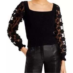 French Connection Juliet Mozart Lace Sleeve Sweater floral lace trim sleeves